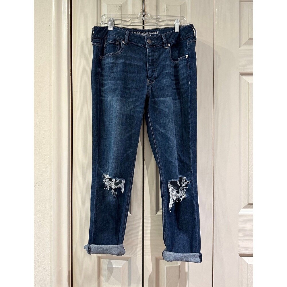 AE Tomgirl Jeans Rigid Midrise Distressed Dark Wash Button Fly 12L *DISCONTINUED